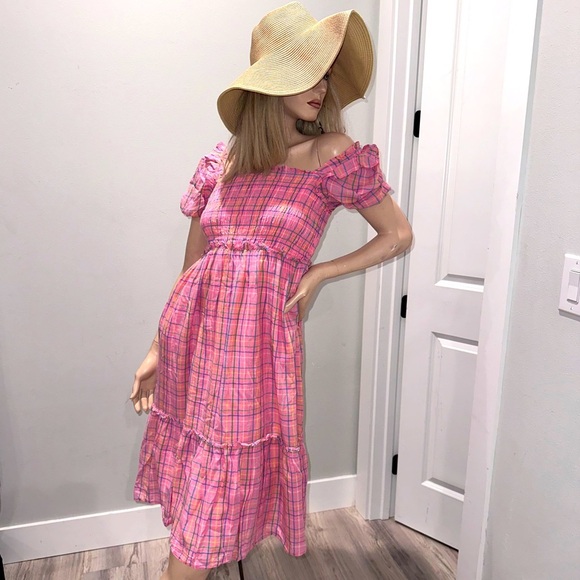 Vineyard Vines‎ Dress Pink Plaid Cotton Smocked Puff Sleeve Dress Girls L (14) - Picture 2 of 8